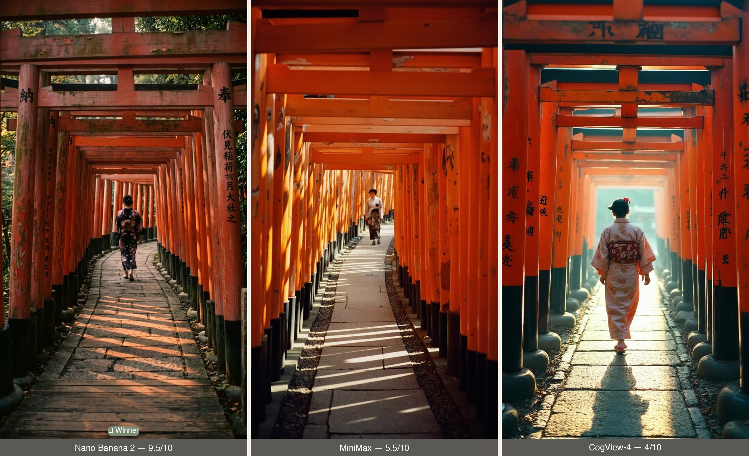 Side-by-side comparison of AI-generated vintage 1970s photographs of Fushimi Inari by Nano Banana 2 (9.5/10), MiniMax (5.5/10), and CogView-4 (4/10) — same prompt, dramatically different results