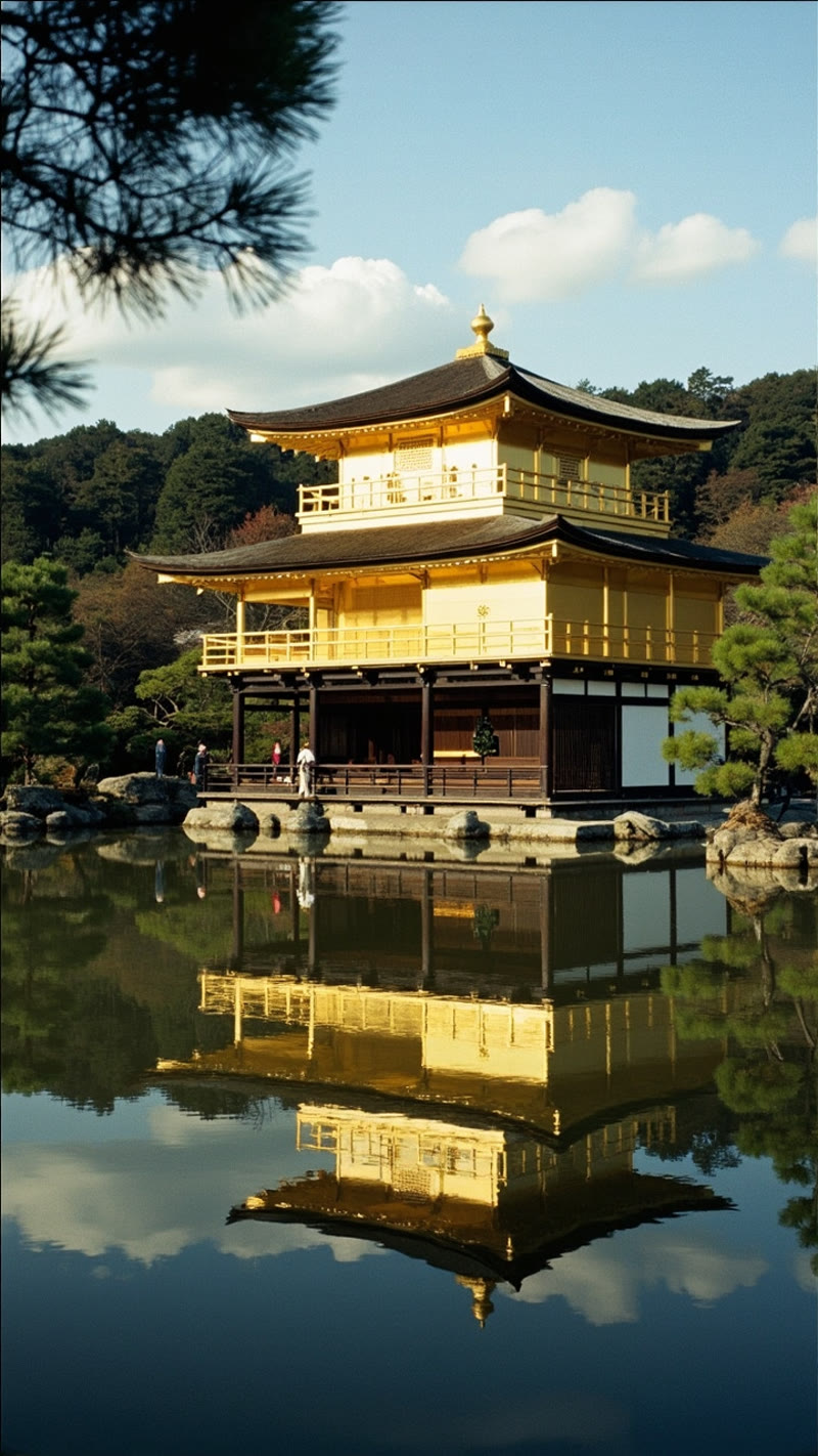 AI-generated photograph of Kinkaku-ji by MiniMax image-01 — warm tones but overly polished composition, rated 6/10
