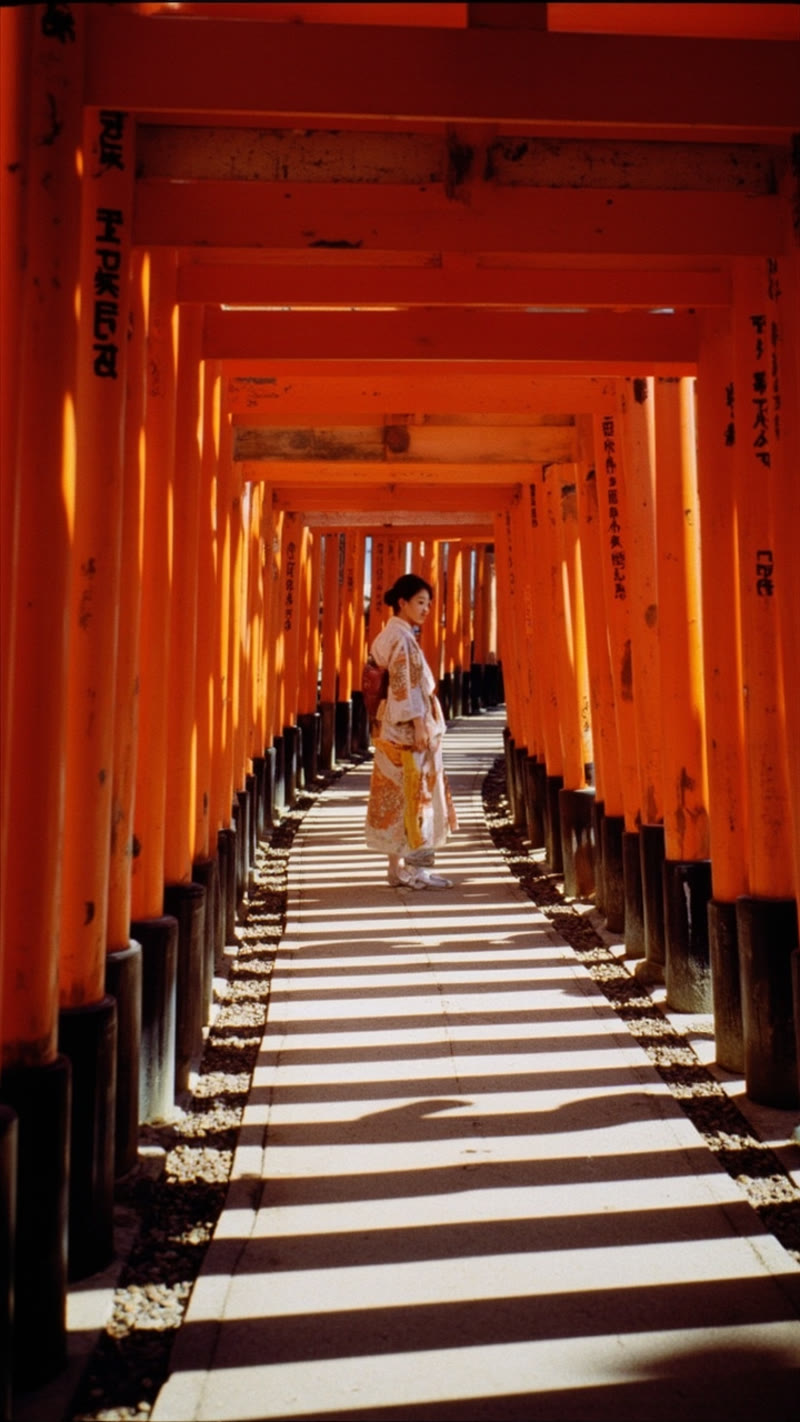 MiniMax Fushimi Inari with detailed V2 prompt — warmer and moodier but still unable to produce physical film artifacts