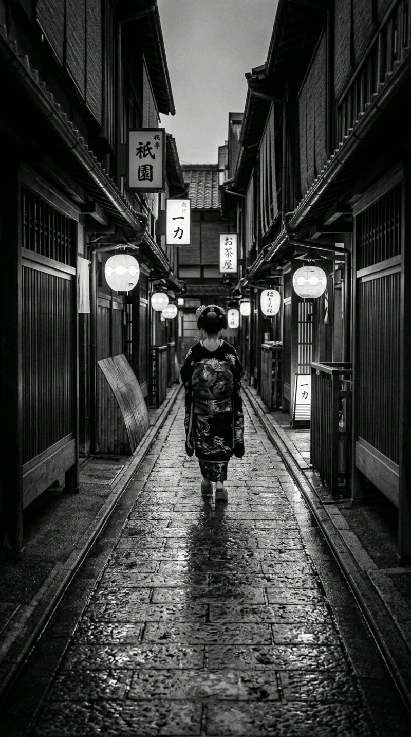 AI-generated black and white silver gelatin photograph of Gion district in Kyoto by Nano Banana 2 — stunning monochrome with deep blacks and luminous lanterns, rated 9/10