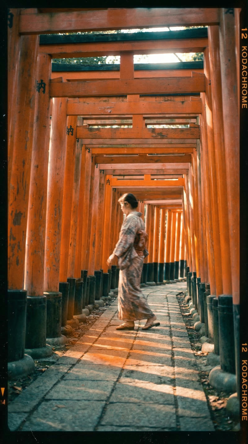 Nano Banana 2 Fushimi Inari with detailed V2 prompt — added Kodachrome film rebate markings, exposure-dependent grain, and scan artifacts