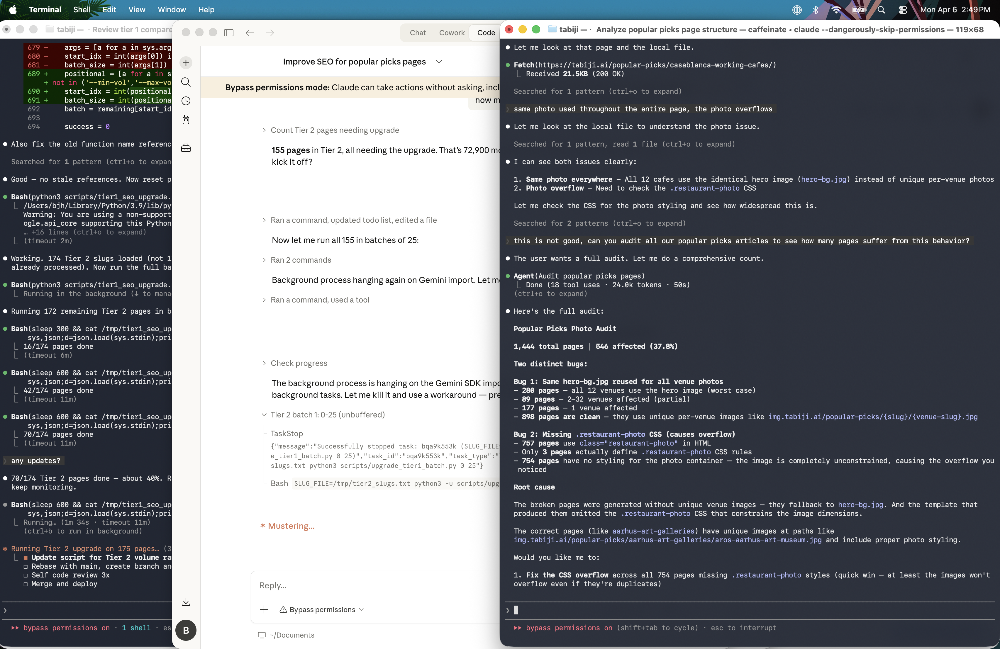 Claude Code terminal running with --dangerously-skip-permissions, showing a popular picks page audit