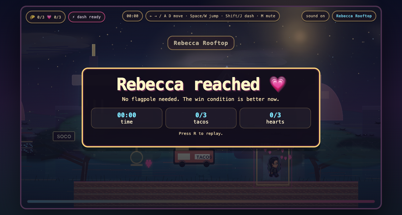 Win screen of Run to Rebecca: 'Rebecca reached' in white serif text on a dark overlay with a pink heart, run stats showing time, faces collected, and hearts collected, with the Austin neon rooftop visible behind the panel.