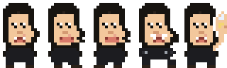 Five pixel-art sprite frames of a generic female character in a black hood &mdash; no facial features, no recognizable hair shape.