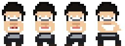 Five pixel-art sprite frames of a generic male character &mdash; black hair, no glasses, simple grey shirt. No resemblance to Bernard.