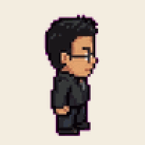 Animated GIF of the Bernard sprite walking right &mdash; four-frame cycle, glasses and spiky hair visible.
