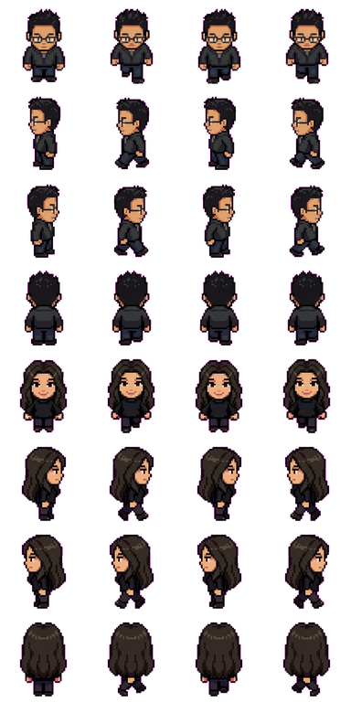 The agent-sprite-forge output: a 4-direction, 4-frame sprite sheet for Bernard (top half, glasses + spiky hair) and Rebecca (bottom half, long flowing hair, dark outfit). Both characters are recognizable as themselves.