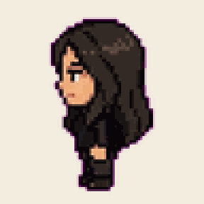 Animated GIF of the Rebecca sprite walking right &mdash; four-frame cycle, long dark hair, dark outfit.