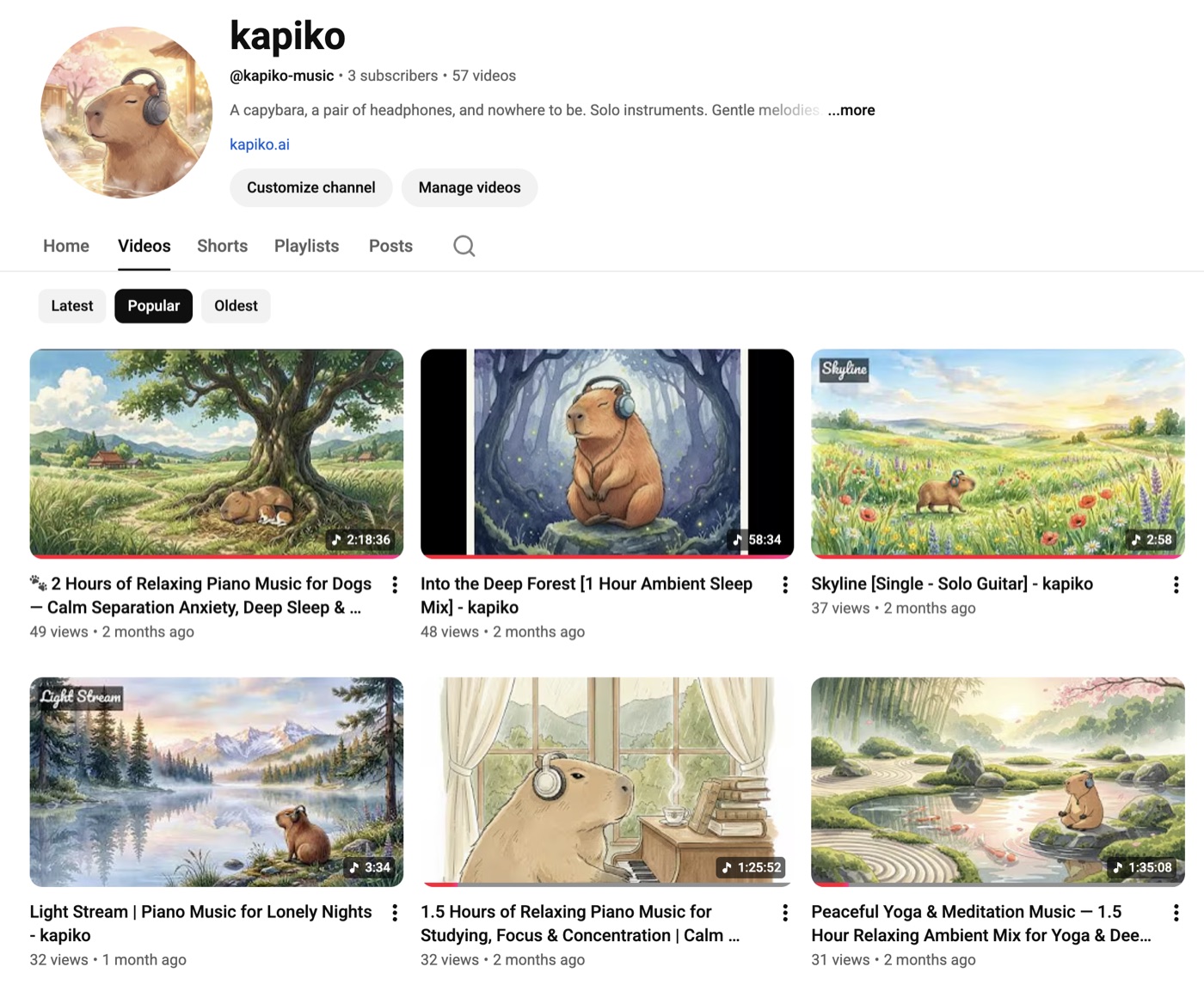 The kapiko YouTube channel page showing 3 subscribers and 57 videos, with the capybara-in-headphones avatar.