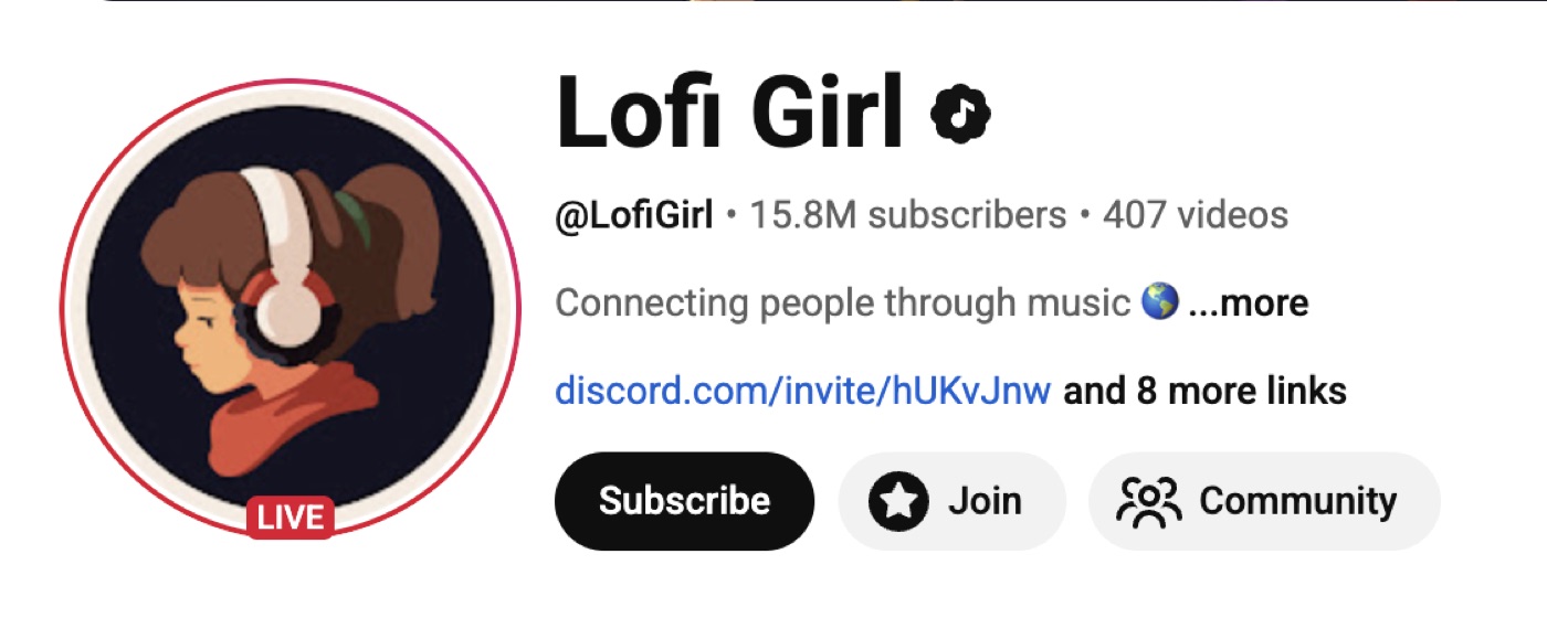Lofi Girl YouTube channel header showing 15.8M subscribers and 407 videos.