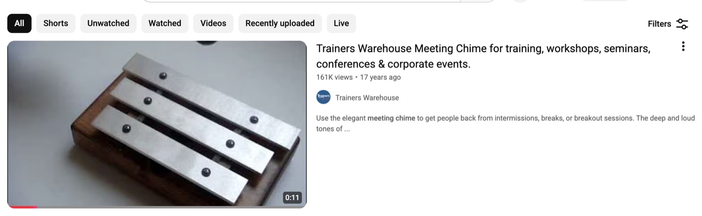 YouTube video of the Trainers Warehouse Meeting Chime sound, 161K views over 17 years.