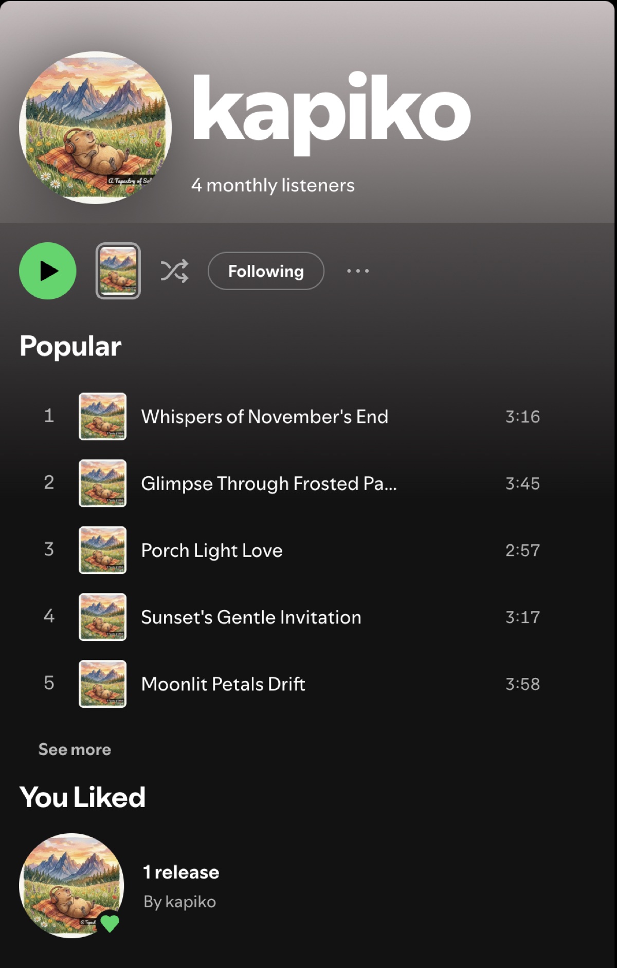 The kapiko Spotify artist page showing 4 monthly listeners and the top tracks: Whispers of November's End, Glimpse Through Frosted Pa..., Porch Light Love, Sunset's Gentle Invitation, Moonlit Petals Drift.