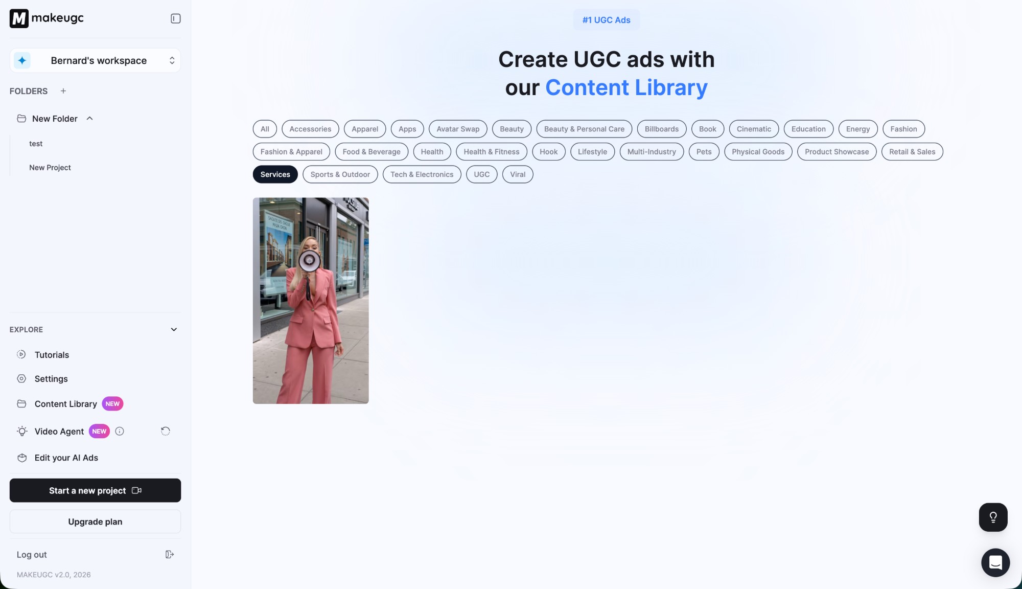 MakeUGC content library filtered to Services category showing only a single template
