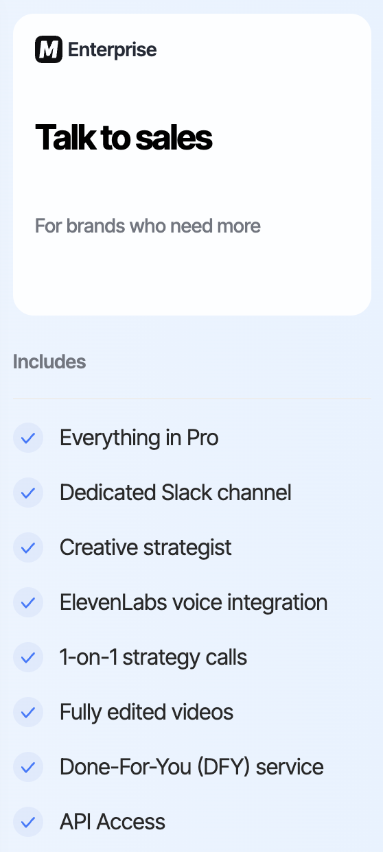 MakeUGC Enterprise plan showing API Access listed as an Enterprise-only feature