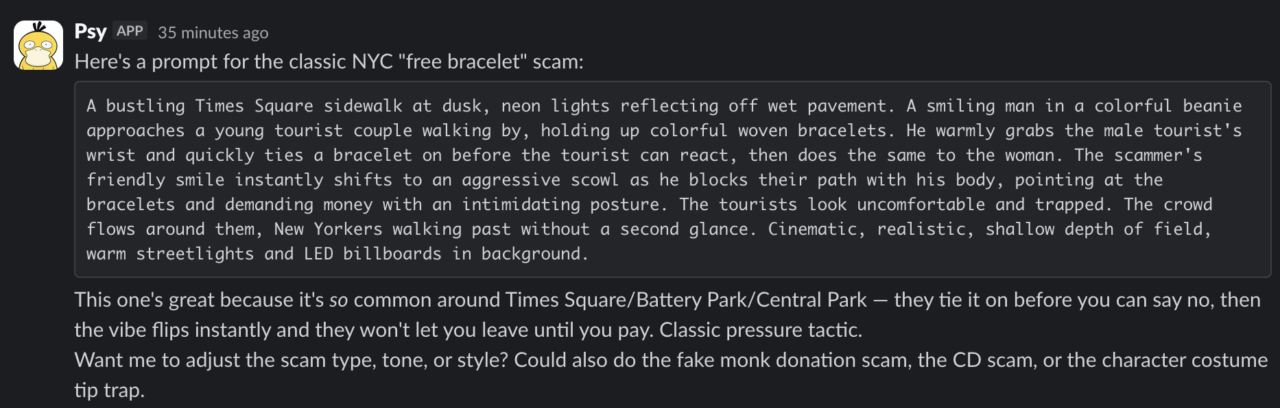First prompt attempt — initial concept for a NYC street scam scene with Seedance 2.0