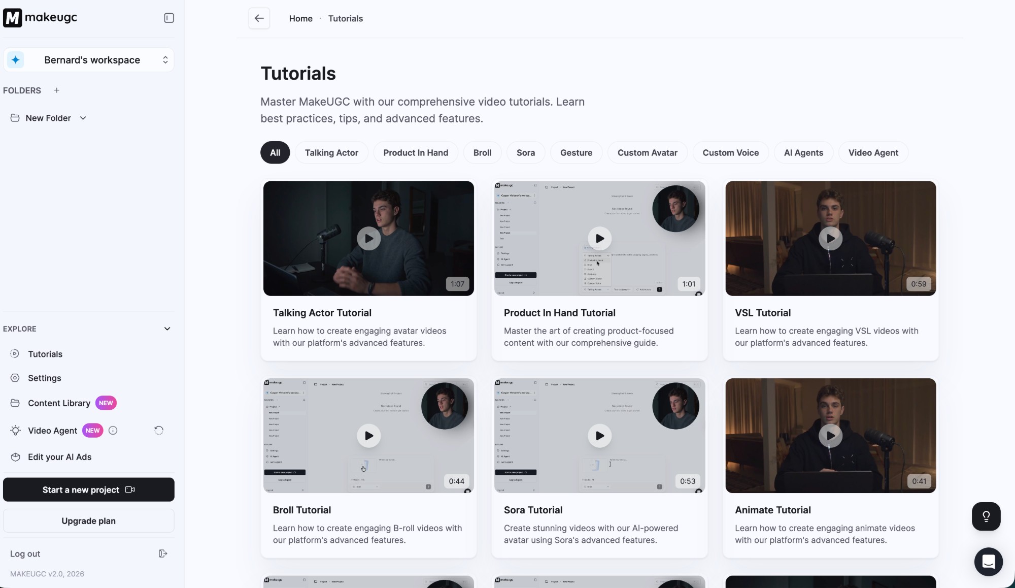 MakeUGC tutorials page showing video walkthroughs for Talking Actor, Product In Hand, B-roll, Sora, and more