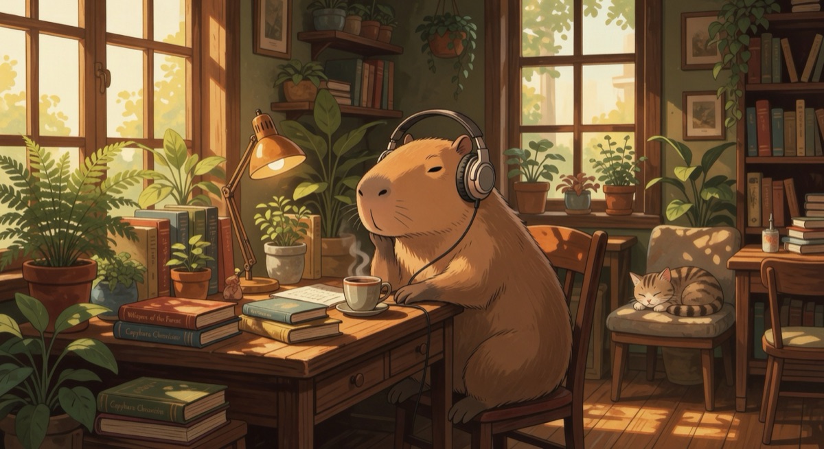 Grok lofi capybara #1 — competent polished digital anime style, clean but generic execution, rated 8.0/10