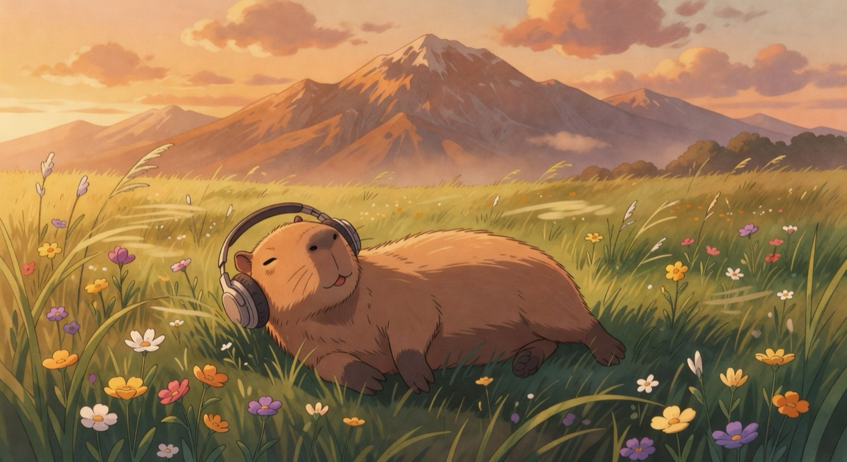 Grok outdoor capybara #1 — pretty landscape but capybara has tongue out and eyes aren't closed, rated 7.5/10