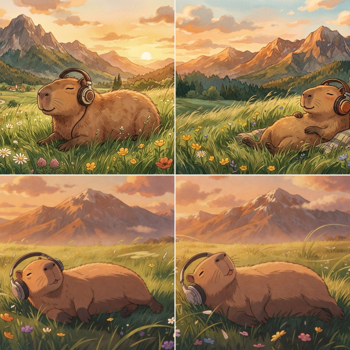 2x2 comparison grid showing Nano Banana 2 vs Grok lofi capybara art — NB2 produces watercolor textures and creative poses while Grok delivers polished but repetitive digital anime