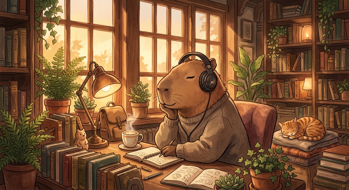 Nano Banana 2 lofi capybara #1 — sweater-wearing capybara writing in journal with closed eyes, gouache texture, warm emotional lighting, rated 9.4/10