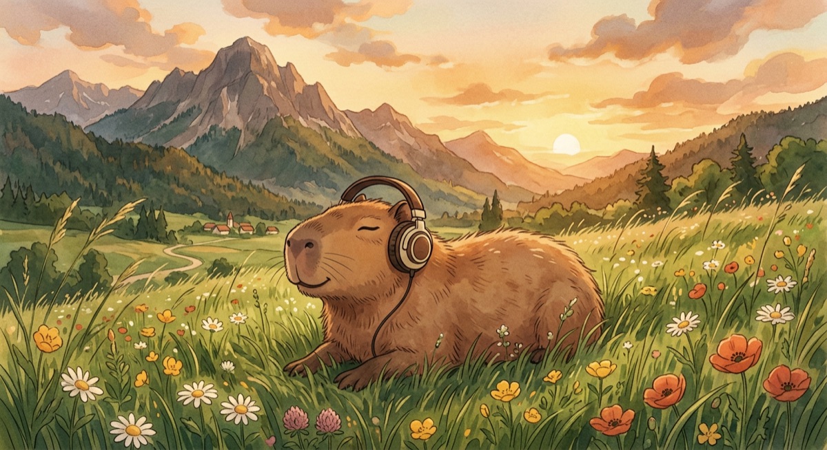 Nano Banana 2 outdoor capybara #1 — watercolor landscape with eyes closed, winding path to village, poppies in foreground, rated 9/10