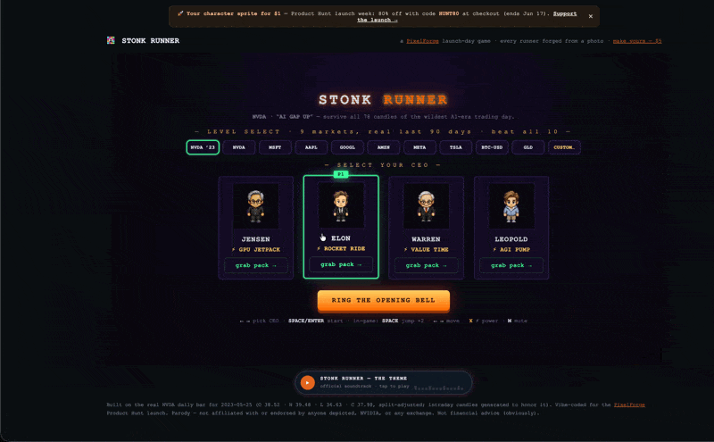Stonk Runner's animated select screen: nine real markets to pick from, the four CEOs — Jensen, Elon, Warren, Leopold — with free grab-pack buttons, and the Ring the Opening Bell start button.