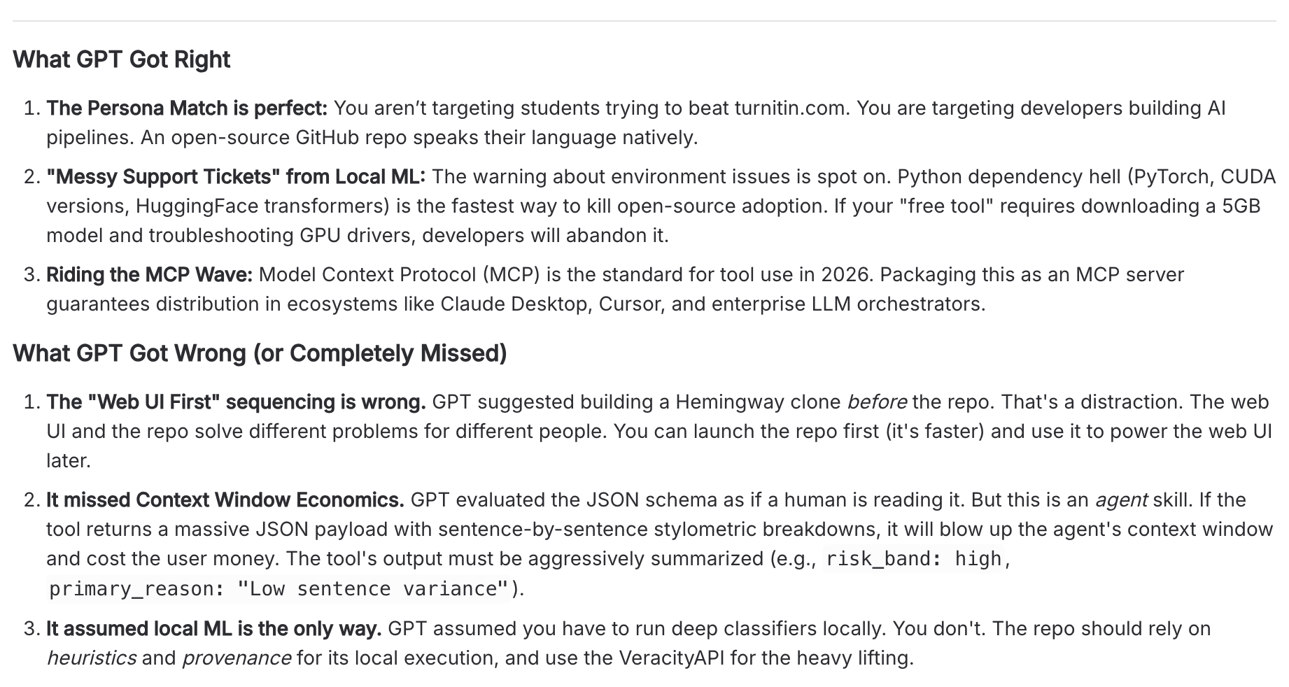 Gemini's audit of what GPT-5.5 got right and wrong. Right: persona match for developers not students, warning about Python ML dependency hell, riding the MCP distribution wave. Wrong: web UI first sequencing, missed context window economics for agents, assumed local ML is required.