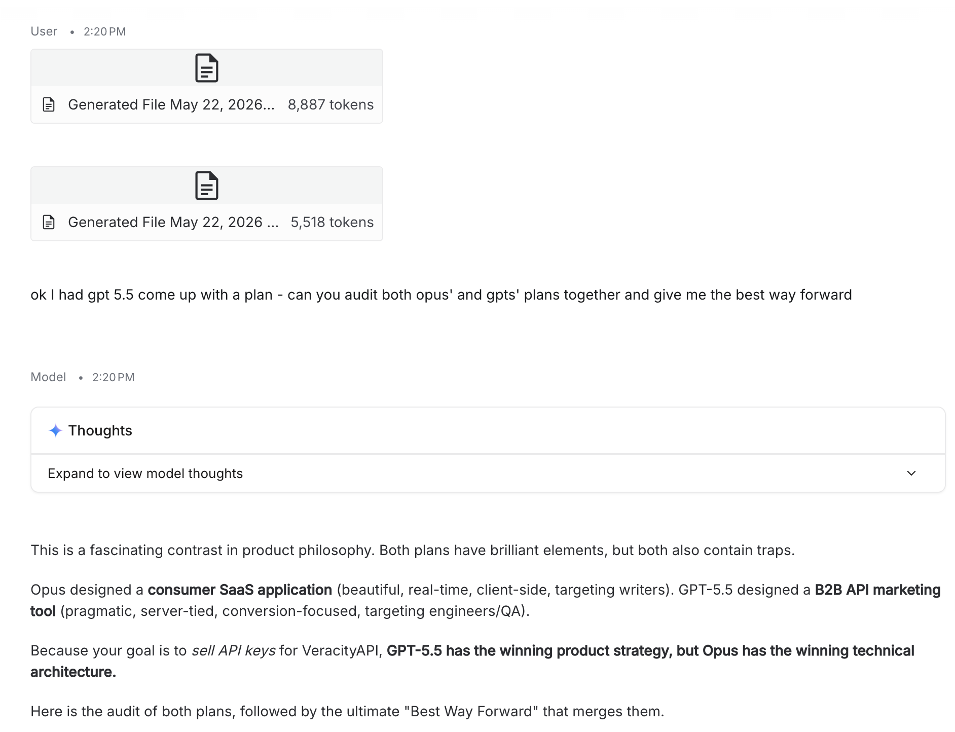 Gemini 3.1 Pro's synthesis verdict: Opus designed a consumer SaaS application, GPT-5.5 designed a B2B API marketing tool, GPT-5.5 has the winning product strategy but Opus has the winning technical architecture.