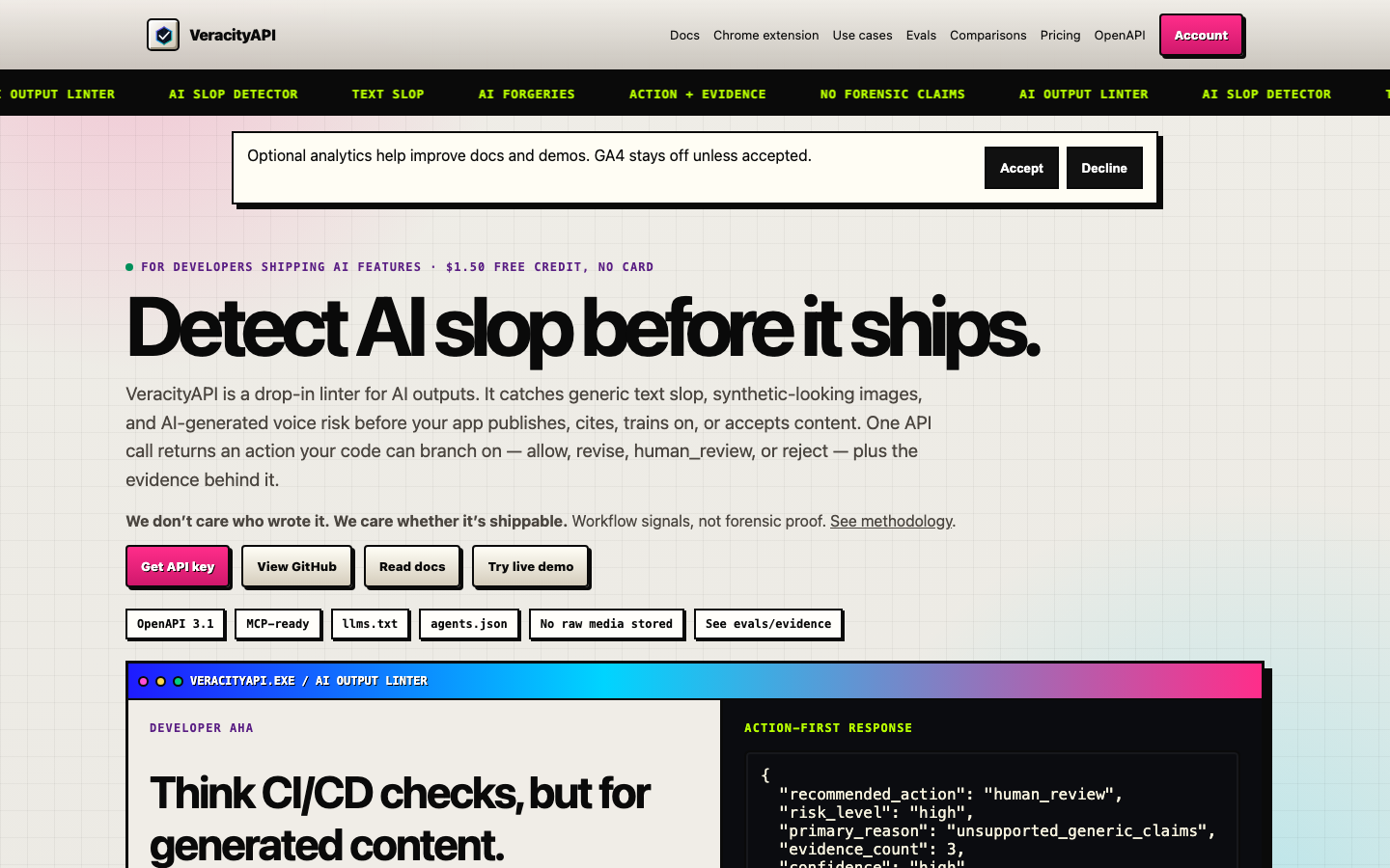 VeracityAPI homepage screenshot