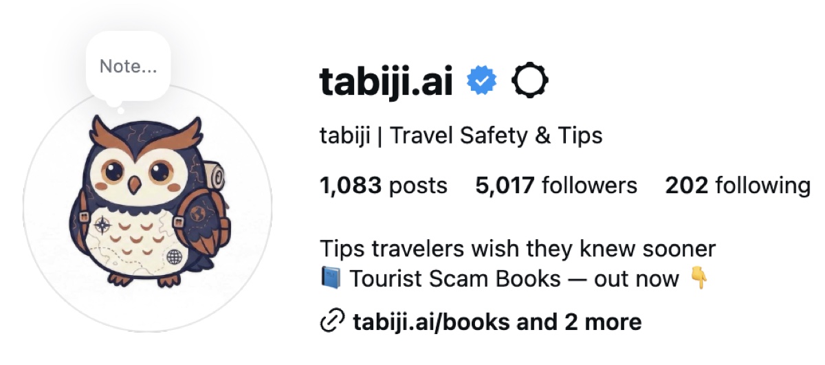 The Tabiji Instagram profile: tabiji.ai, owl avatar, Travel Safety & Tips, 1,083 posts, 5,017 followers, 202 following, bio linking to tourist scam books at tabiji.ai/books.
