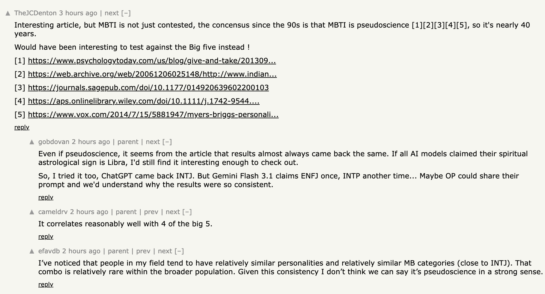 Screenshot of HackerNews comments on the INTJ post. Top comment by TheJCDenton: 'Interesting article, but MBTI is not just contested, the consensus since the 90s is that MBTI is pseudoscience, so it's nearly 40 years. Would have been interesting to test against the Big five instead!' Replies include cameldrv noting 'It correlates reasonably well with 4 of the big 5.'