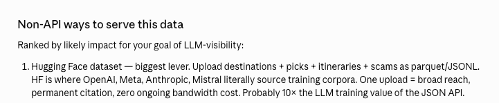 Recommendation text: Hugging Face dataset is the biggest lever. HF is where OpenAI, Meta, Anthropic, Mistral source training corpora. One upload equals broad reach, permanent citation, zero ongoing bandwidth cost.