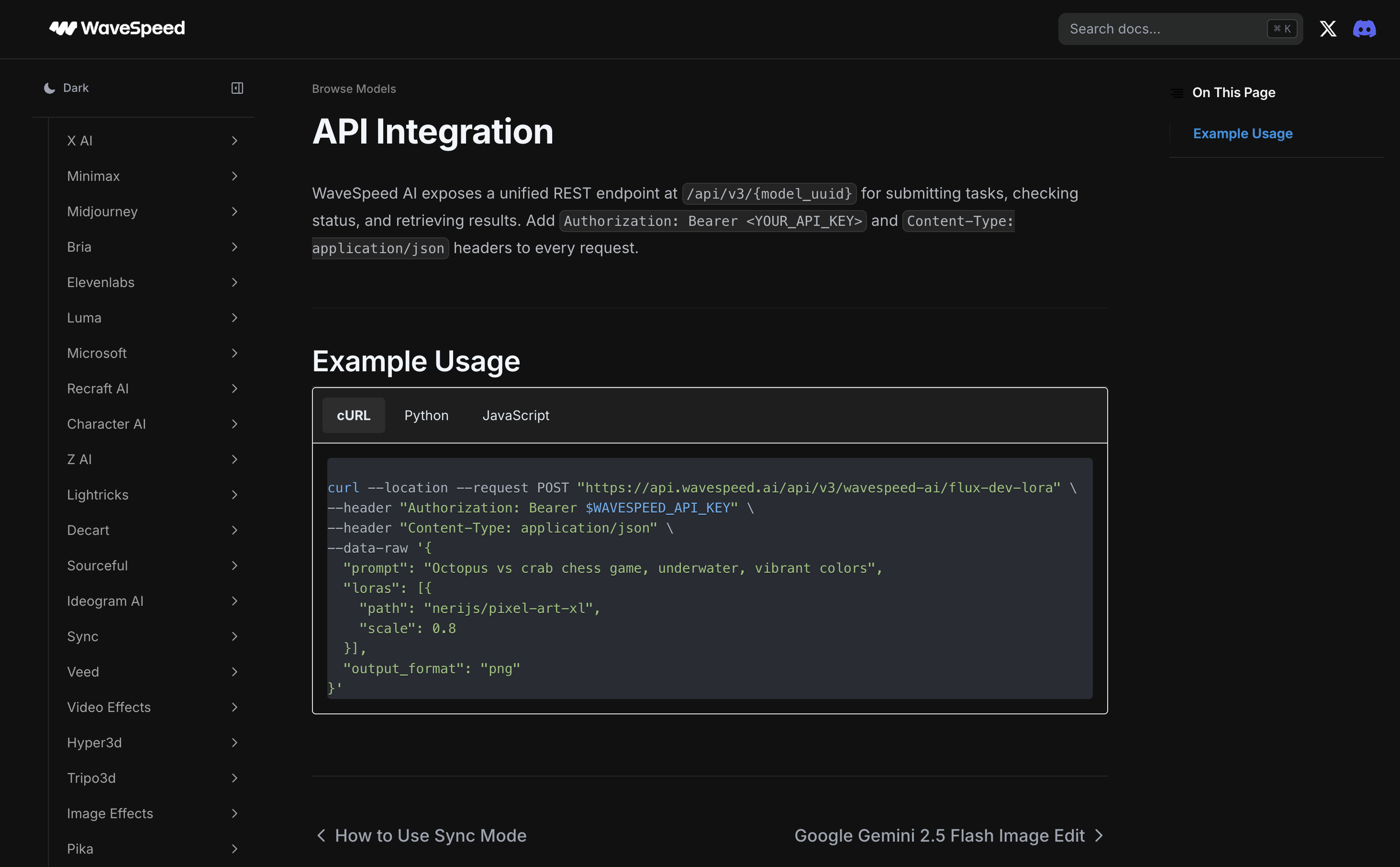 Wavespeed API documentation showing unified REST endpoint with cURL, Python, and JavaScript examples