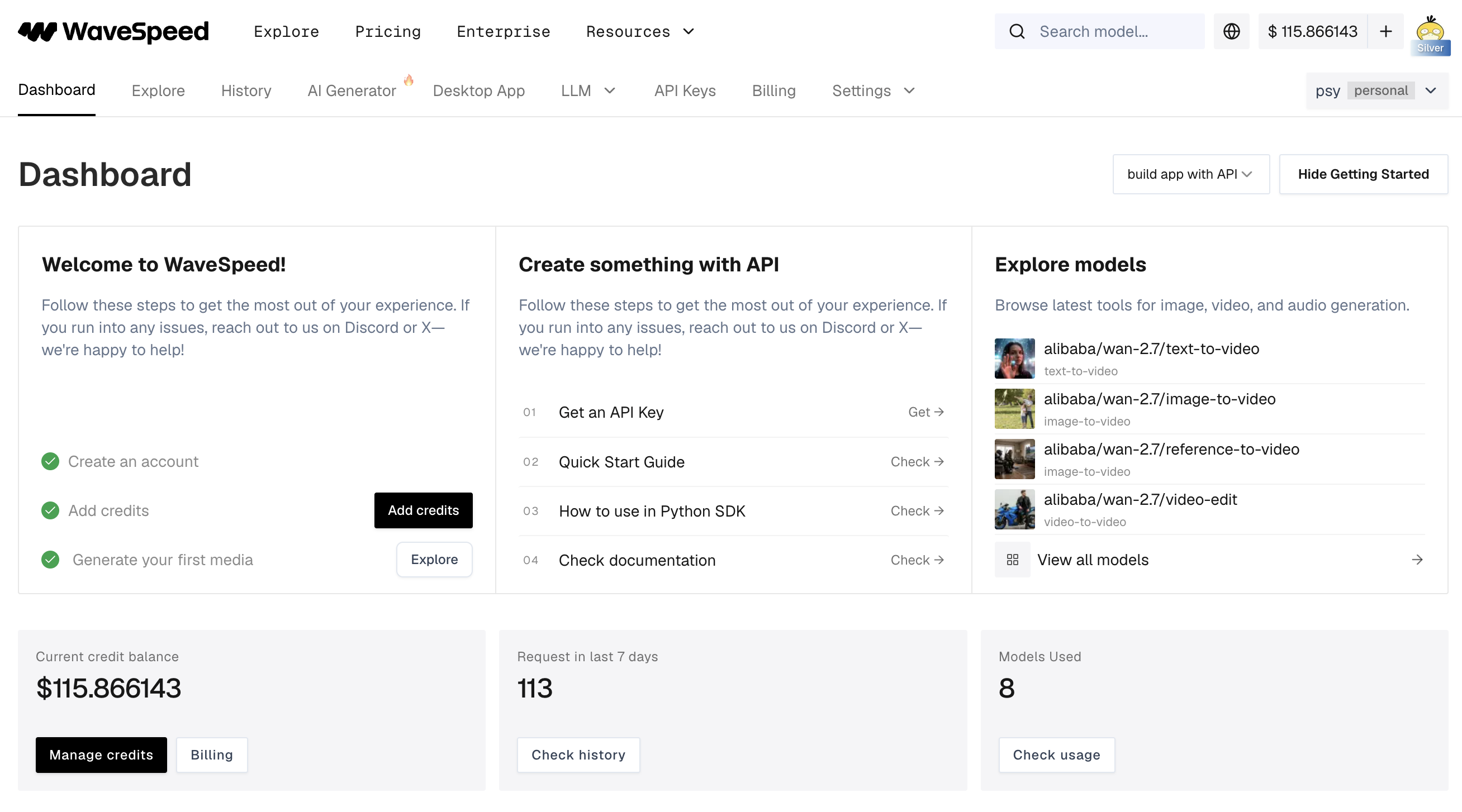 Wavespeed dashboard showing $115 credit balance, 113 requests in 7 days, and 8 models used