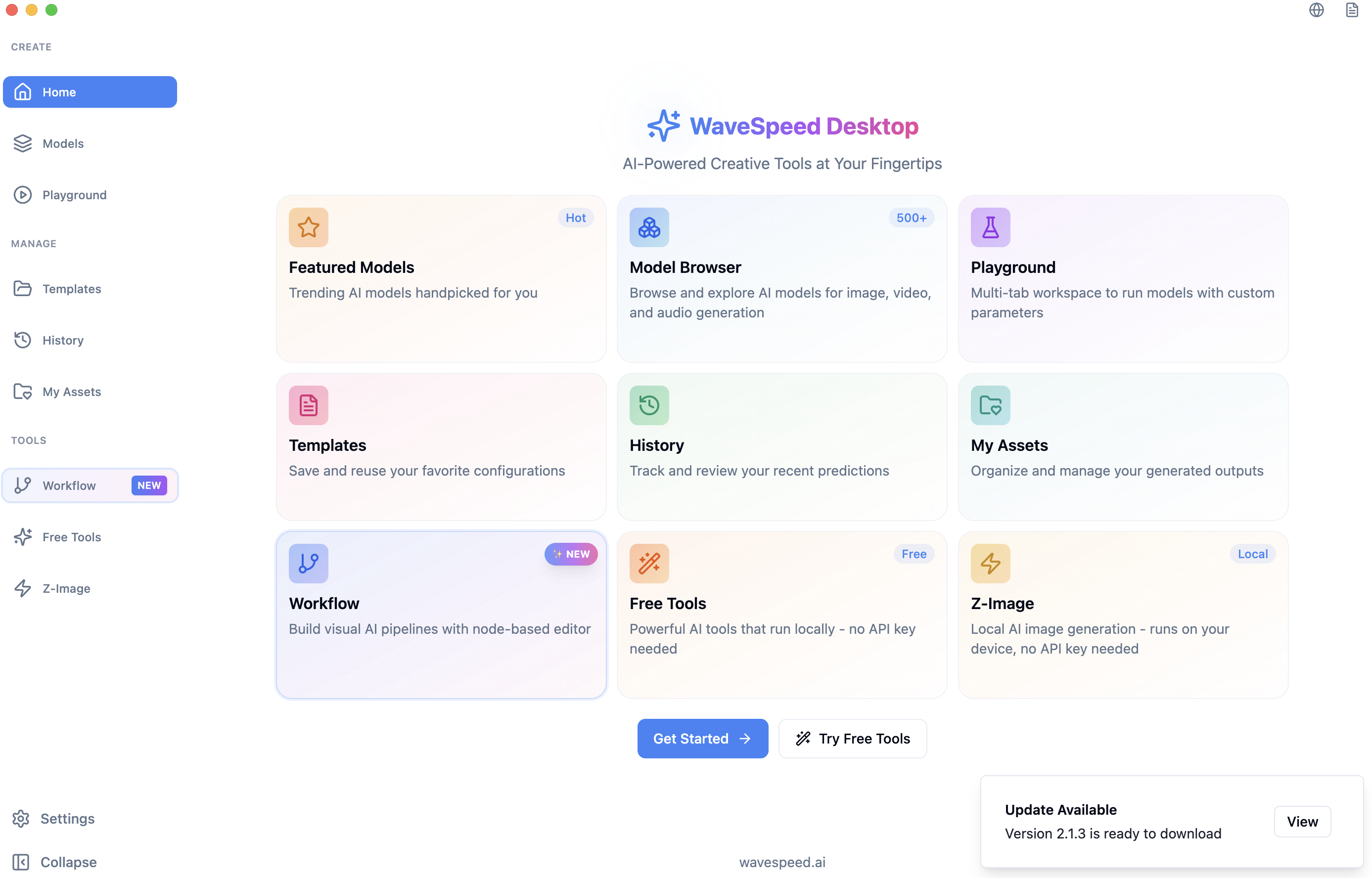 WaveSpeed Desktop app showing Featured Models, Model Browser, Playground, Workflow builder, and Free Tools