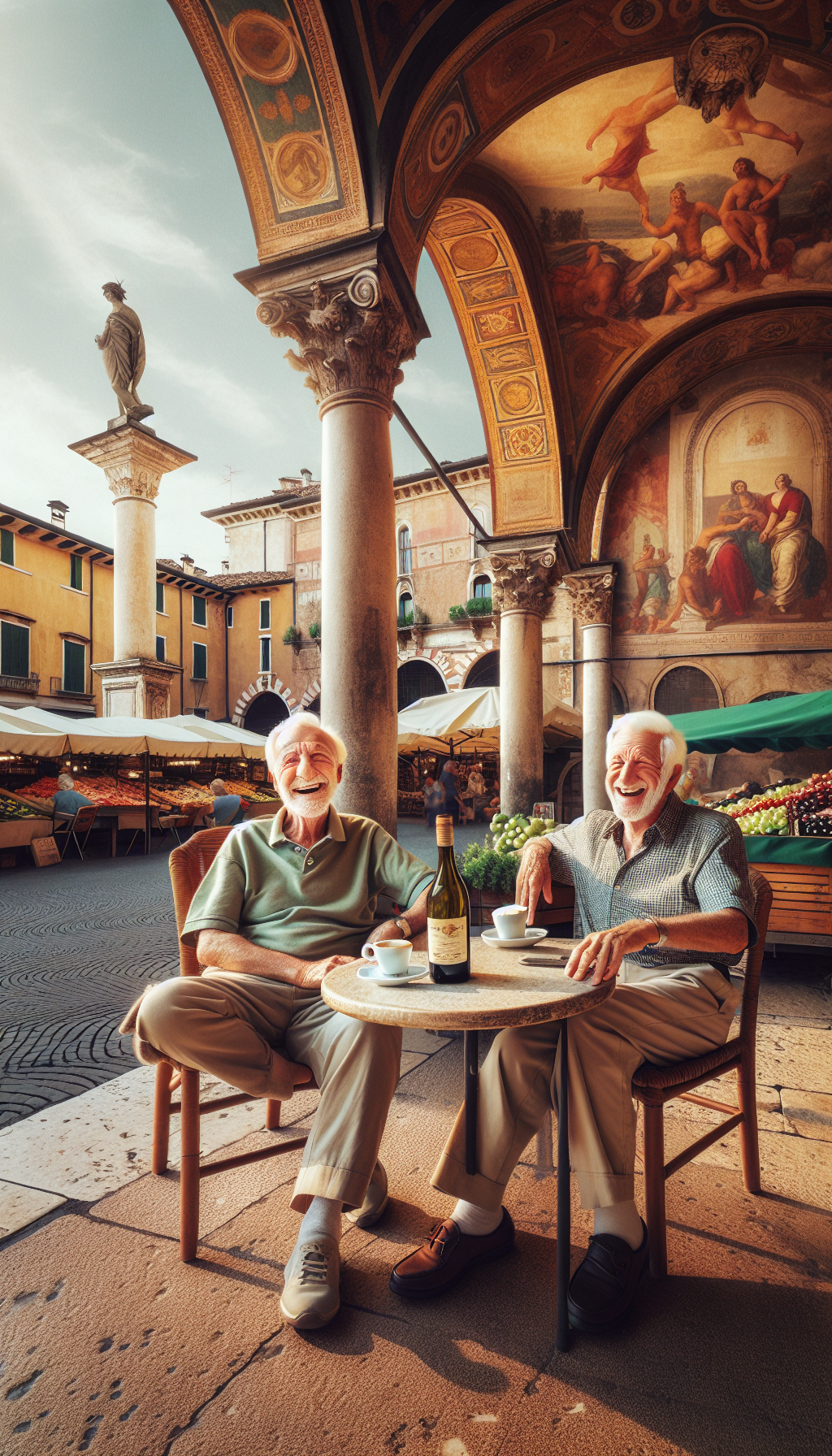 GPT DALL-E 3 generated image of Italian men at Piazza delle Erbe café — over-saturated, hyper-rendered, uncanny faces, tourism ad look, rated 4/10