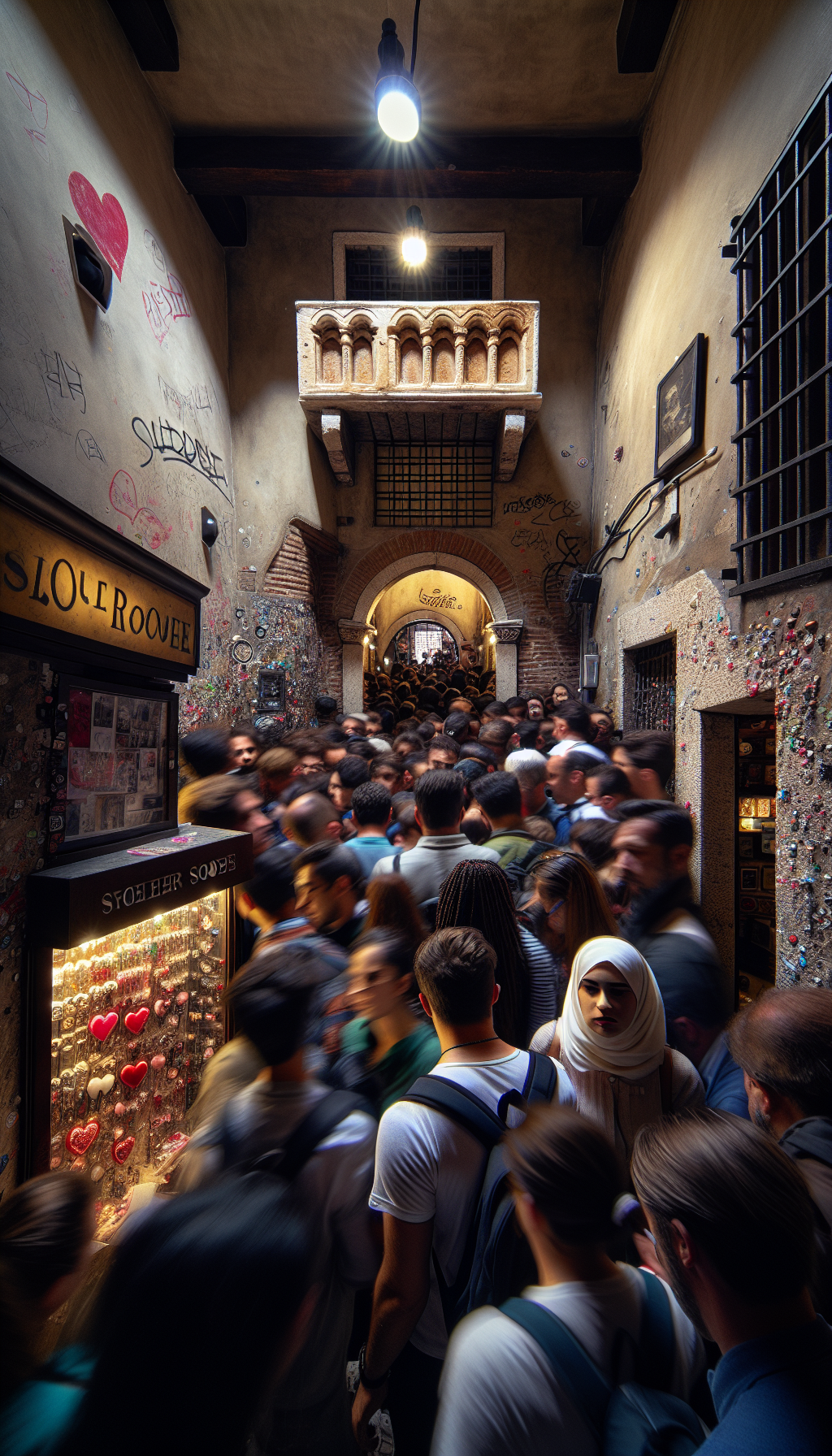 GPT DALL-E 3 generated image of Juliet's House crowd scene — over-cinematic, garbled text on signs, porcelain-smooth faces, rated 6/10