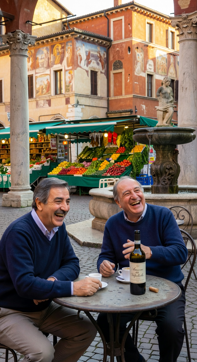 Grok Aurora generated image of Italian men at Piazza delle Erbe café — best authentic mood, convincingly Italian men, natural laughter, rated 7/10