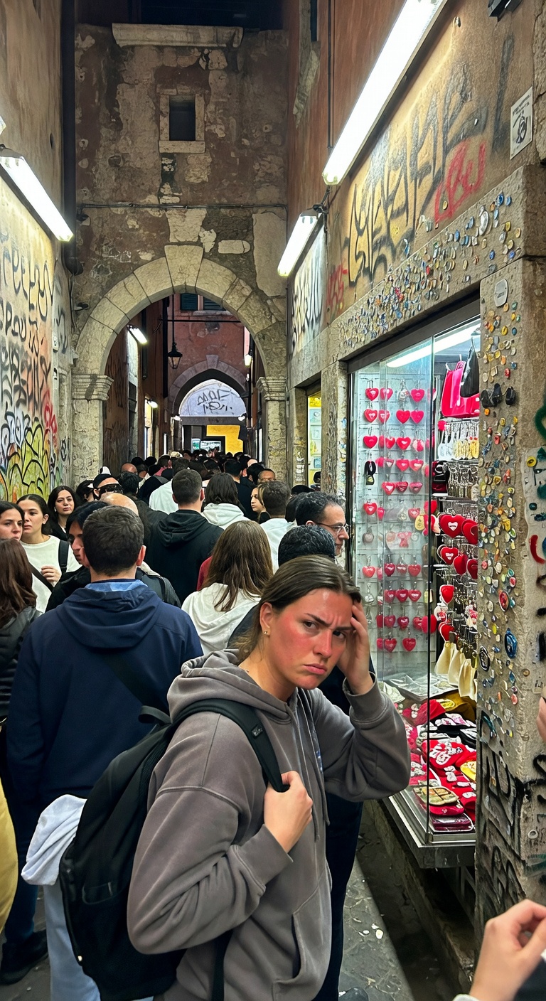 Grok Aurora generated image of Juliet's House crowd scene — incredibly expressive exhausted woman, natural crowd density, rated 8.5/10