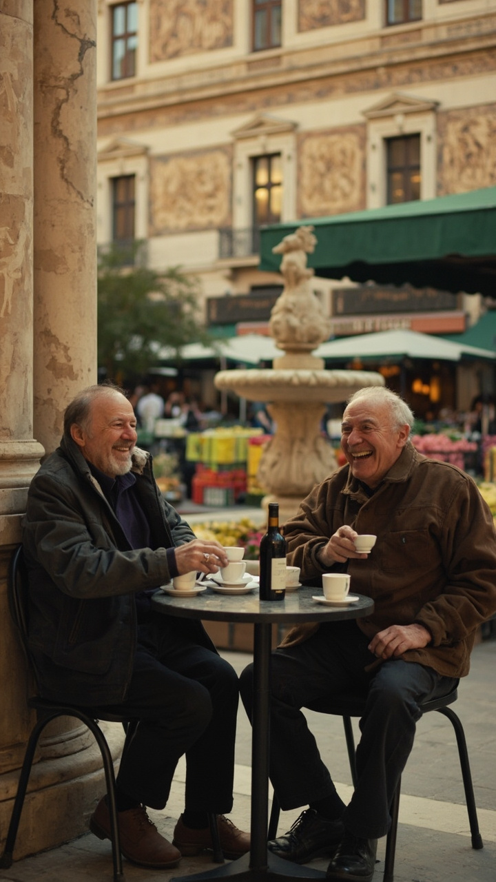 MiniMax generated image of Italian men at Piazza delle Erbe café — most photographically convincing, best faces, natural lighting, documentary feel, rated 8/10