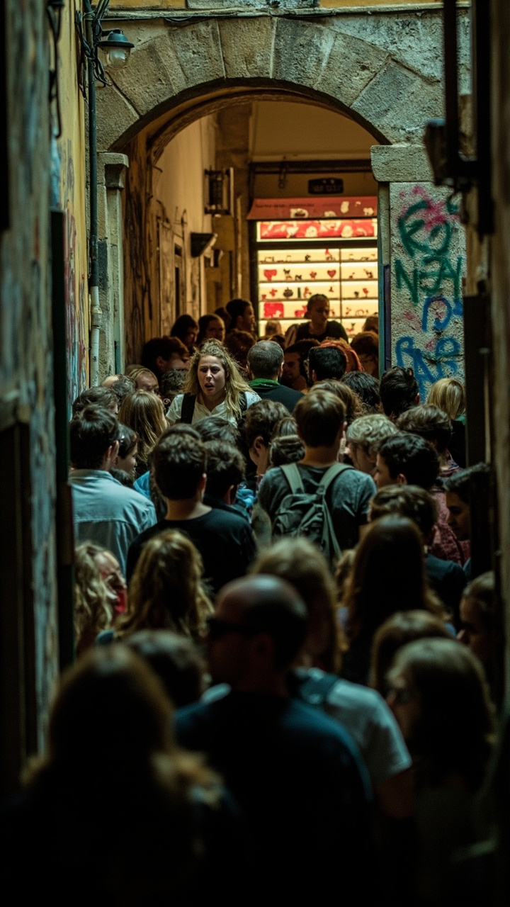 MiniMax generated image of Juliet's House crowd scene — too dark, bokeh too cinematic, reads as dangerous alley not tourist trap, rated 7/10