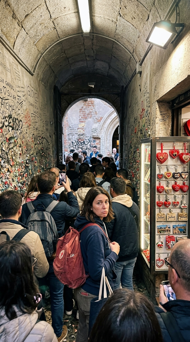 Nano Banana 2 generated image of Juliet's House crowd scene — most photorealistic, legible Juliet text, correct Fjällräven backpack, rated 9/10